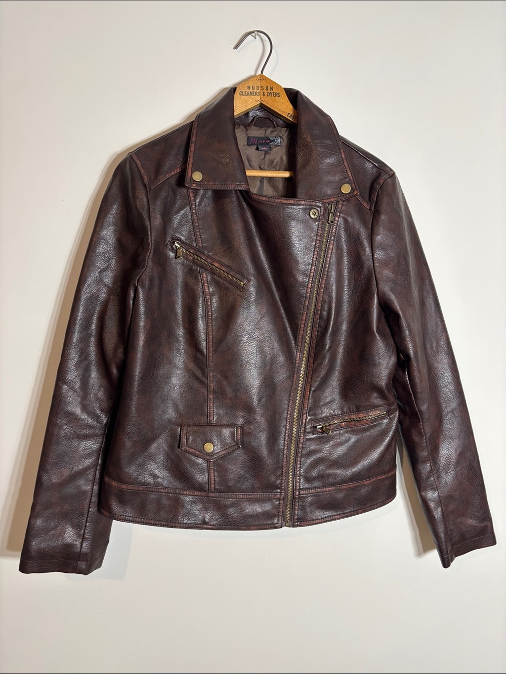 Vtg JW Style Brown Vegan Leather Motorcycle Jacket Women’s L